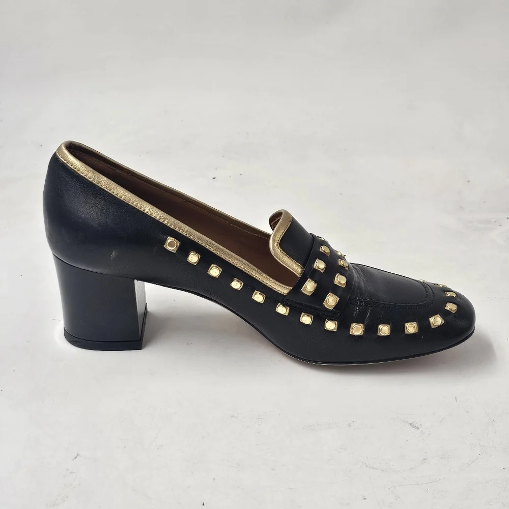 Tory Burch Studded Block Heel Loafer Pump Black Gold Leather Left Shoe 6.5 US